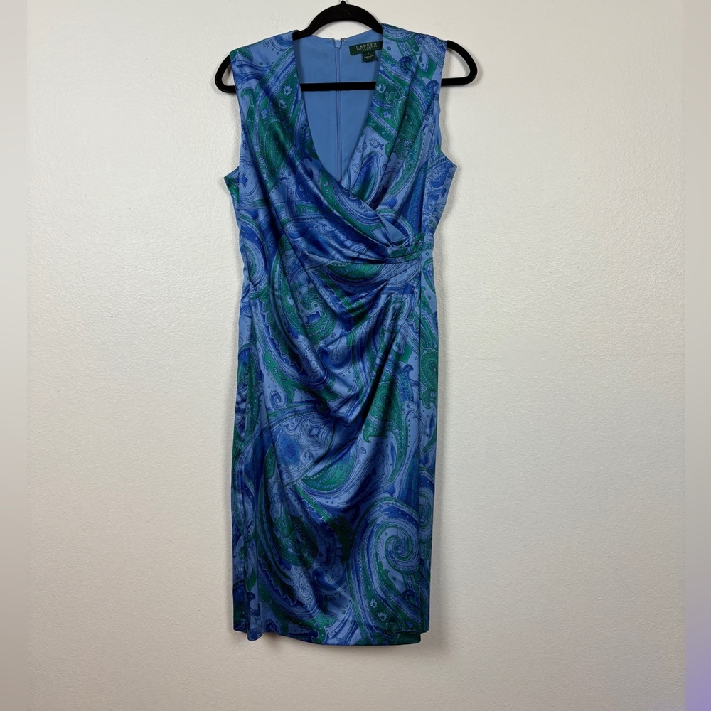 Ralph Lauren Paisley Faux Wrap Blue and Green Career Wear Dress 8